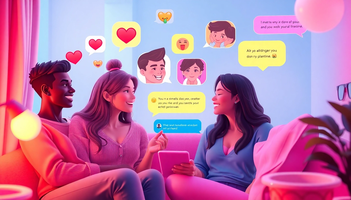 Engaging AI sexting chat environment with diverse avatars, playful emojis.