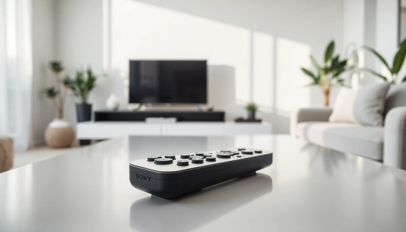 Steuern Sie Ihr Heimkino mit der Sony RMT-TX200E fernbedienung in einem stilvollen Wohnzimmer.