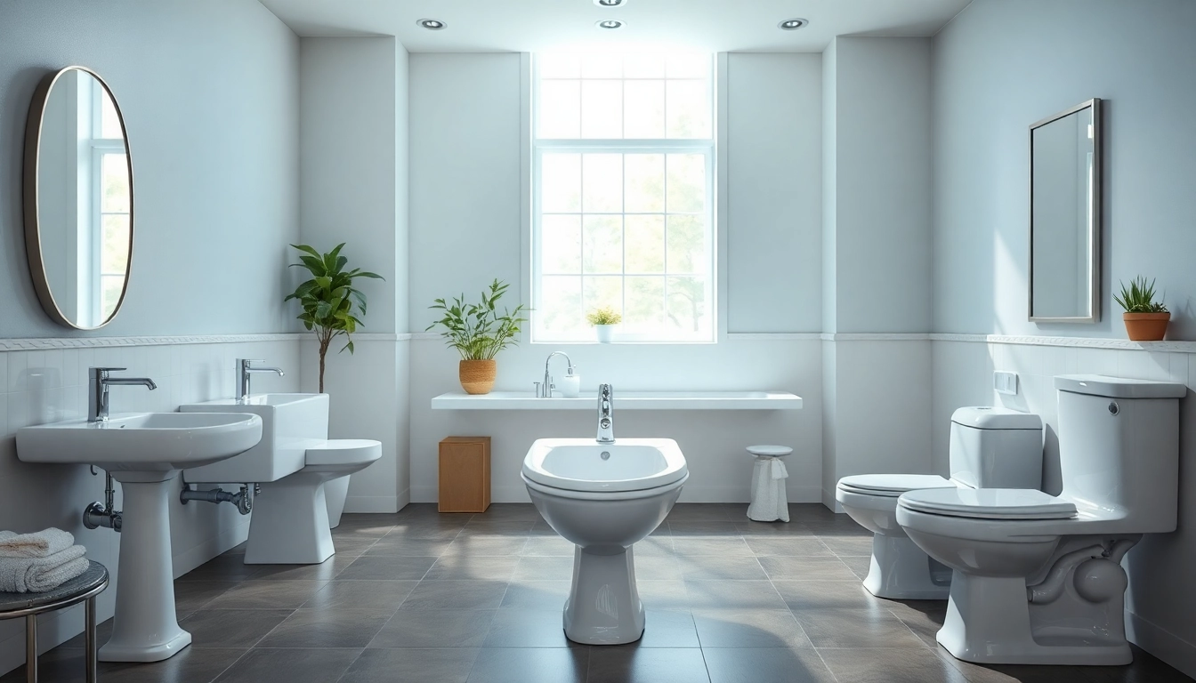 Showcase of sleek American Standard bathroom fixtures including sinks and toilets.