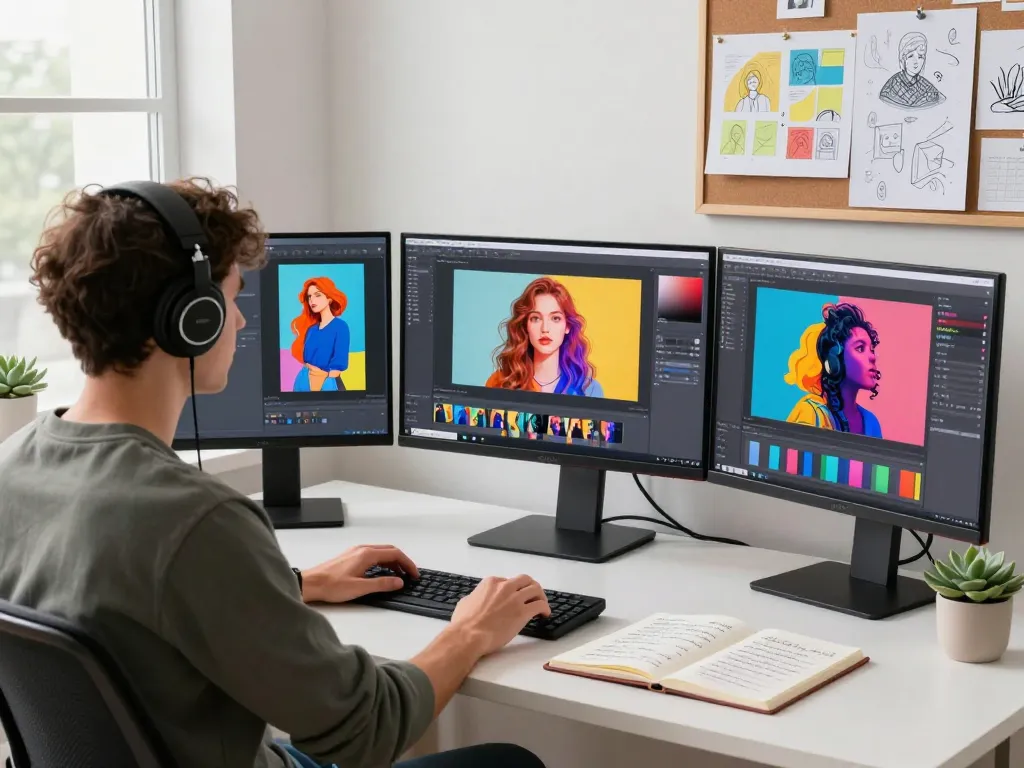Designer utilizing Nano Banana Pro AI image editor in a vibrant creative workspace.