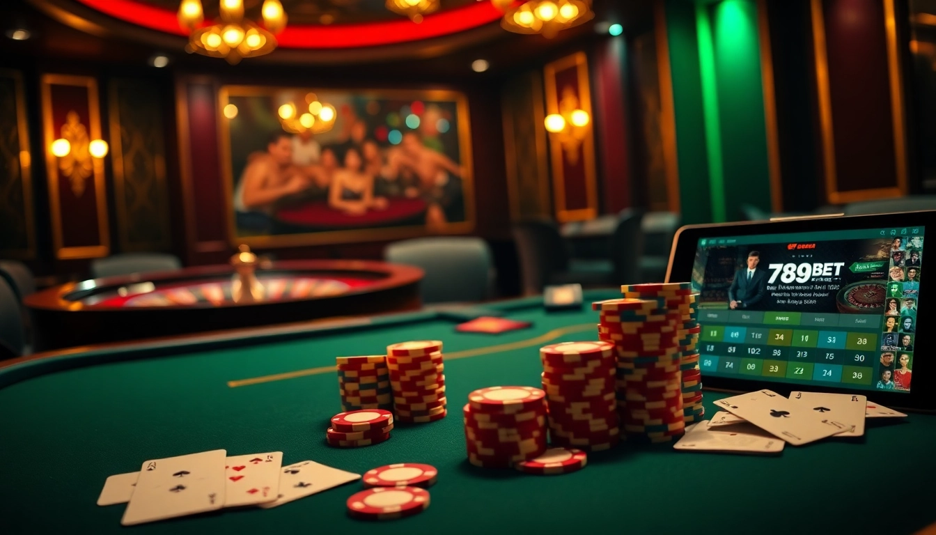 Exciting chips and cards in a luxurious casino setting at 789BET table.