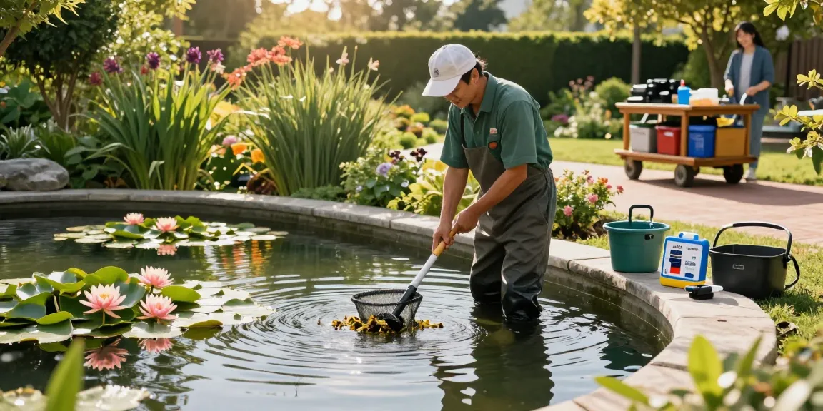 Professional Pond Cleaning London expert removing debris from a serene garden pond with lush greenery.