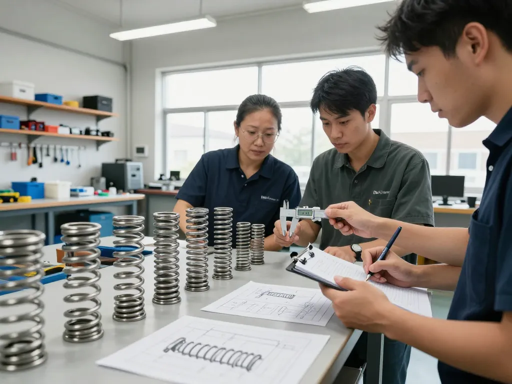 Inginerii inspectând diverse mostre de arcuri din oțel într-un atelier industrial luminos.