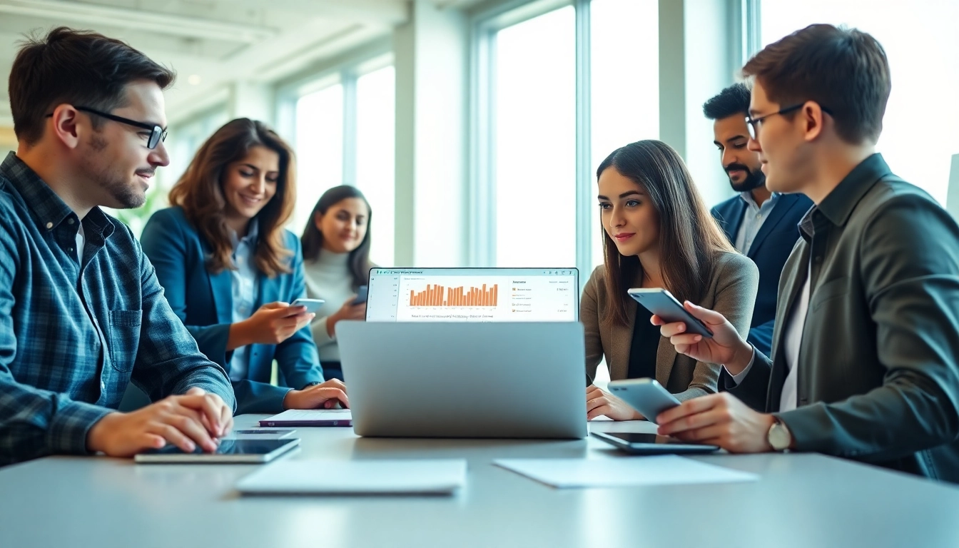 Online phone number verification process in a modern office setting with diverse professionals.