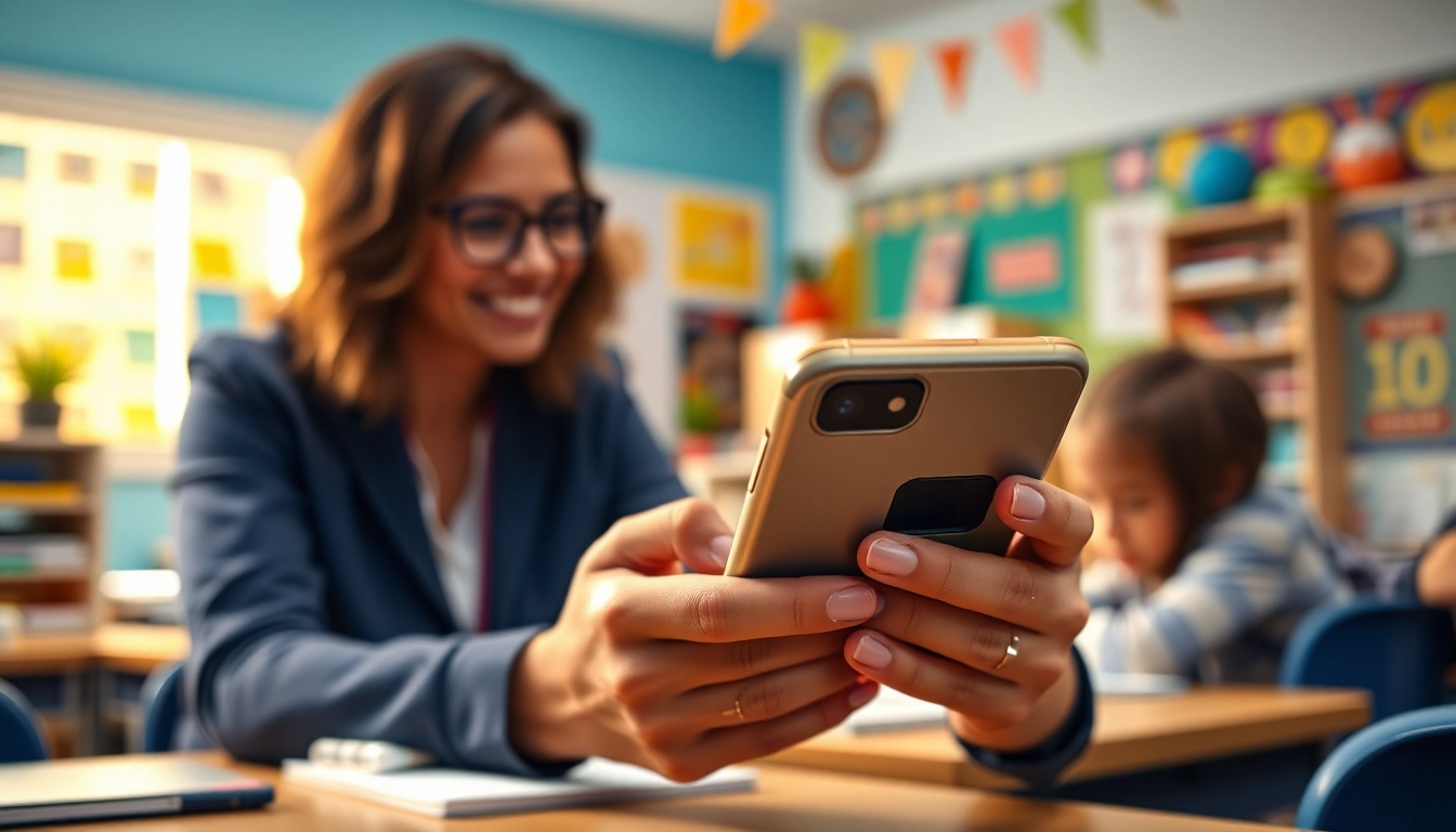 Lehrerin zeigt Handytasche Lehrer in einem ansprechenden Klassenzimmer mit bunten Details.
