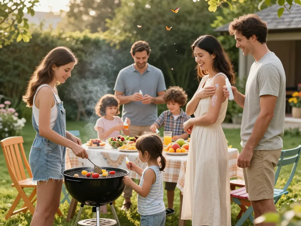Family applying mosquito repellent outdoors during summer barbecue gathering.