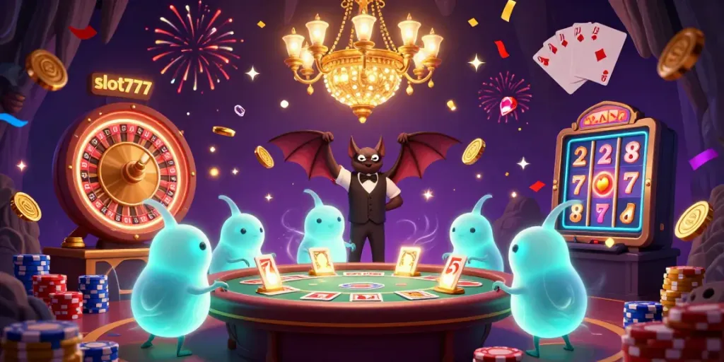 Experience thrilling gameplay with slot777 in a vibrant cave casino lit by glowing creatures and dynamic gaming elements.