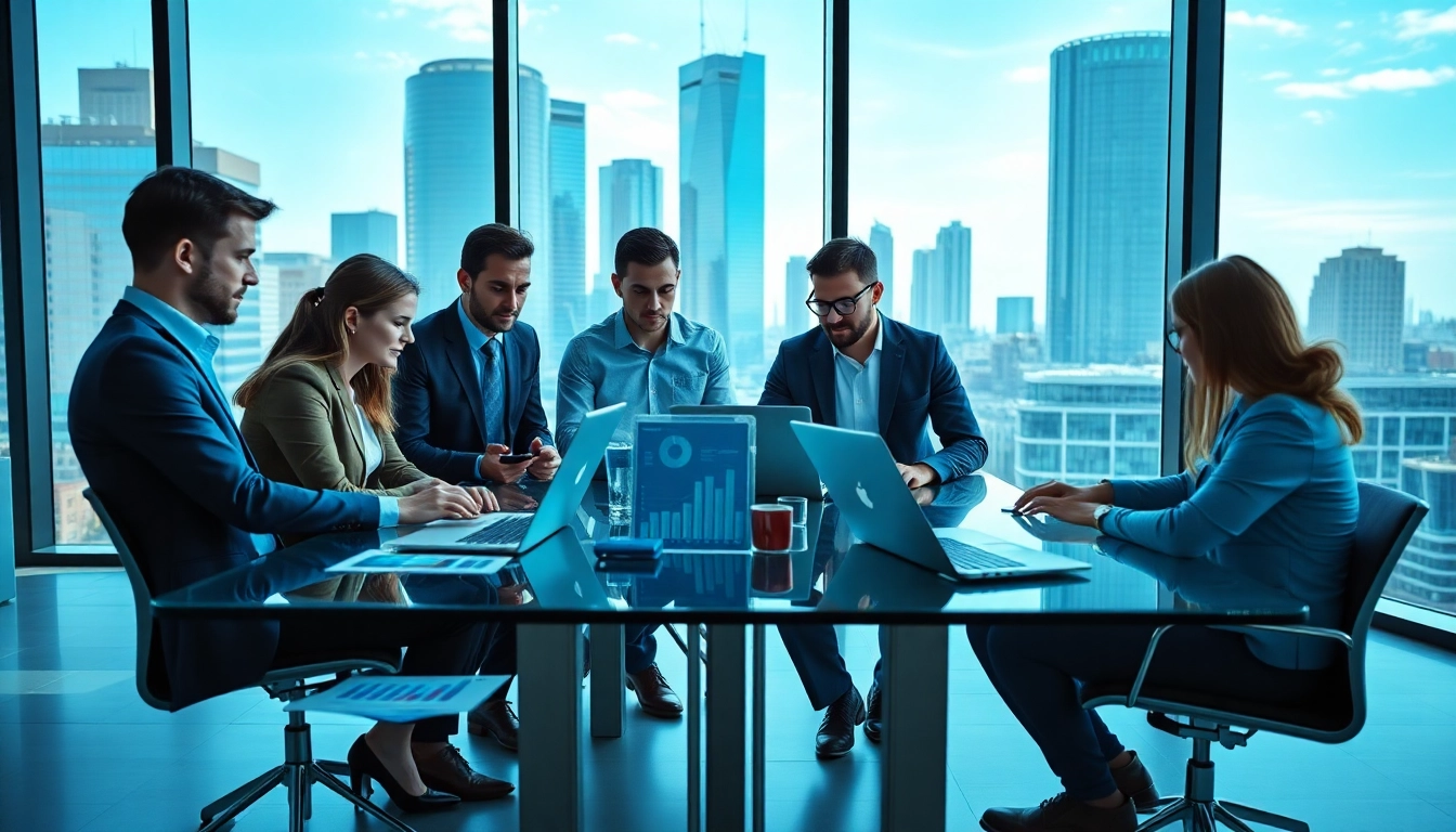 Analyzing Competitive intelligence trends in a modern office setting with professionals collaborating.