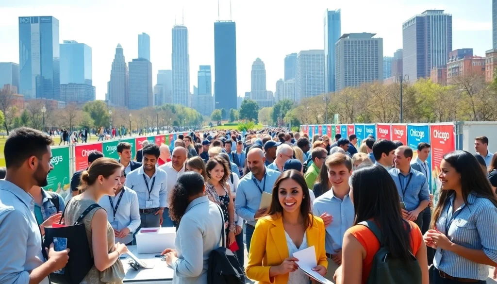 Discover Chicago jobs at a vibrant job fair with diverse individuals engaging and networking.