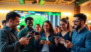 Enthusiastic group placing bets on the best sports betting sites India in a vibrant environment.