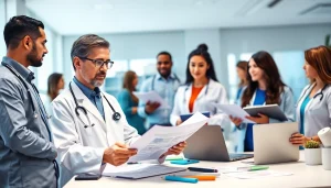 Health professionals collaborating in a bright office to discuss health strategies.