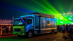 Showcasing mobile production services with a vibrant truck during a live event.