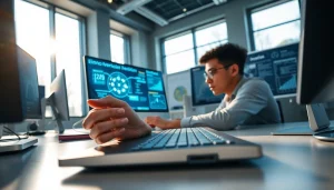 Using technology in modern office space, showcasing innovative devices and bright atmosphere.