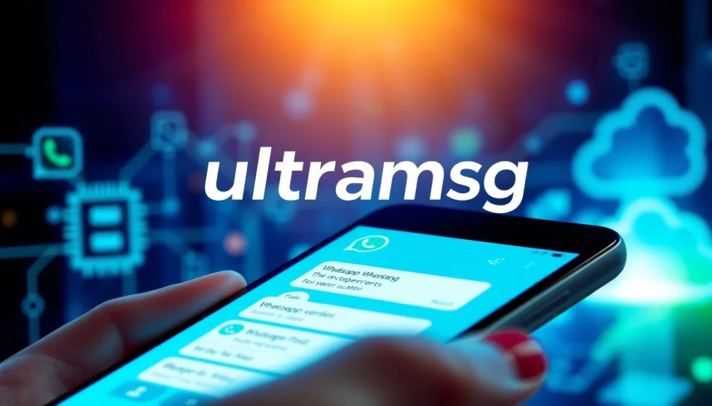 Showcase ultramsg in action on a smartphone with a backdrop of innovative technology.