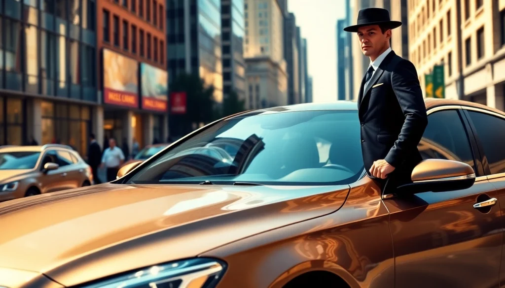 Experience Chauffeur Hire with a luxury sedan positioned in a vibrant urban setting.