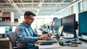 Providing expert computer service through efficient repairs in a professional workspace.