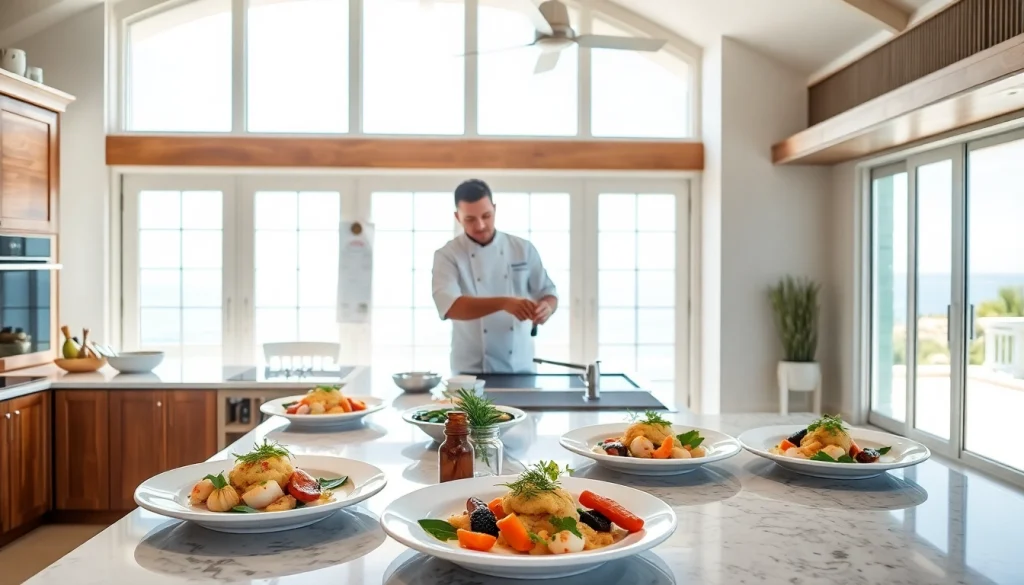 Experience the artistry of a Sint Maarten private chef creating exquisite dishes in a luxurious kitchen.