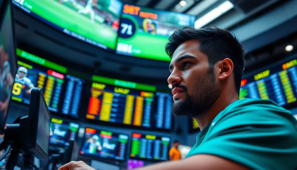 Engaged athlete using best sports betting sites India in a lively betting environment.