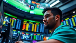 Engaged athlete using best sports betting sites India in a lively betting environment.