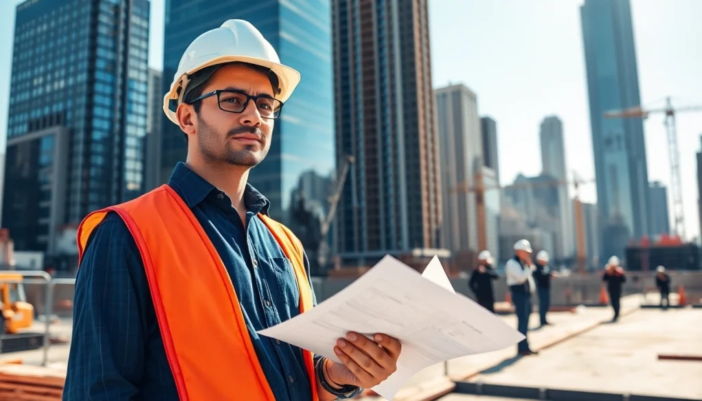Manhattan General Contractor supervising a bustling construction site with skyscrapers in the background.