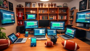 Explore the best sports betting sites Mexico through a modern betting setup featuring laptops and memorabilia.