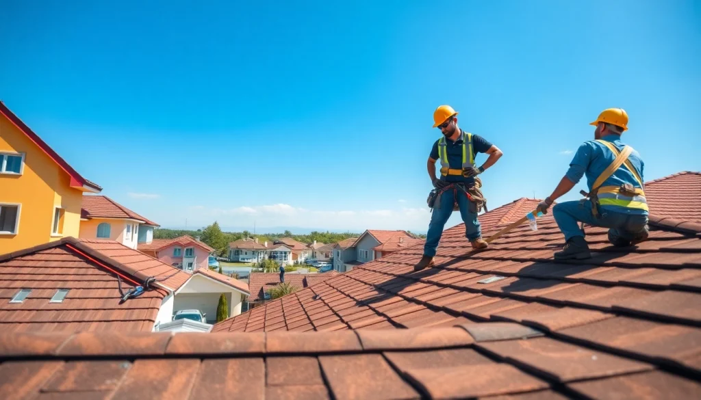 Installing high-quality roofing solutions with skilled workers in a bright urban environment.