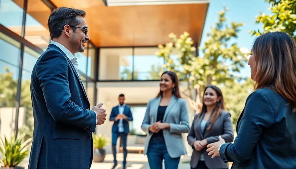 Real Estate agent discussing property features in a modern home with clients outside.