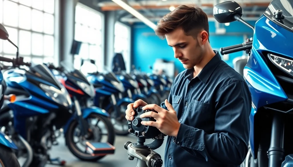 Fachmann für Motorradtechnik analysiert hochwertiges Motorrad in moderner Werkstatt.
