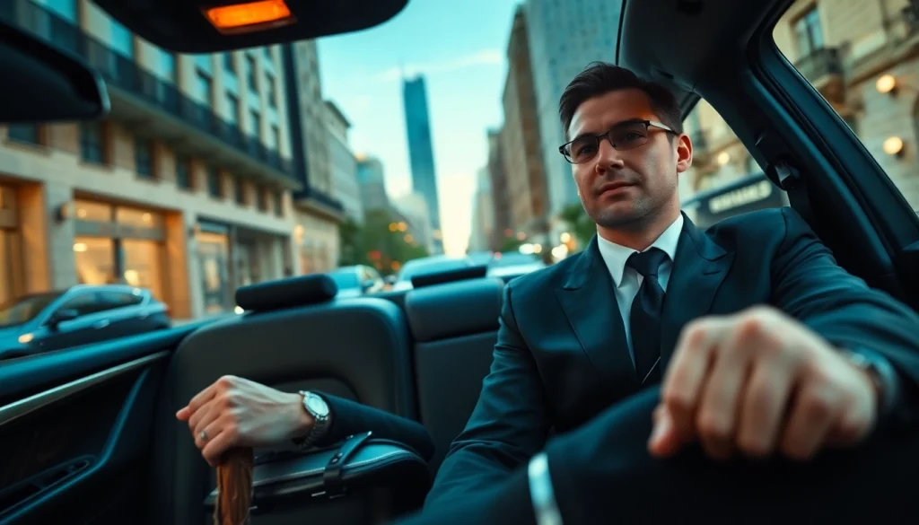 Chauffeur Hire service with an elegant chauffeur driving a luxury vehicle in a busy city.