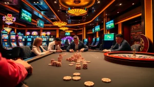 Experience the thrill of gambling with https://giaimanhacai.news/ at a luxury poker table in a vibrant casino.