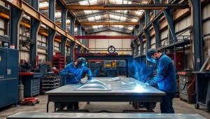 Showcase custom steel fabrication in a busy workshop highlighting skilled craftsmanship.