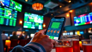 Person using sports betting apps Georgia on smartphone in a sports bar setting.