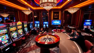 Players enjoy a thrilling game at 789BET's luxurious casino, featuring slot machines and roulette tables.