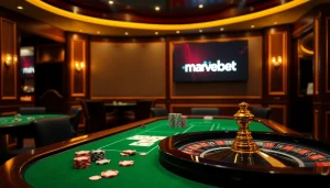 Experience thrilling gameplay at Marvelbet with poker chips and a roulette wheel.