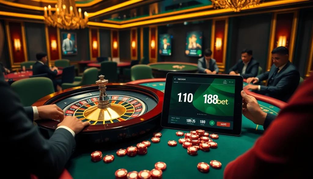 Engage with link 188bet at an upscale casino with a lively poker table and roulette wheel.