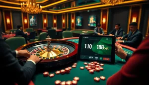 Engage with link 188bet at an upscale casino with a lively poker table and roulette wheel.