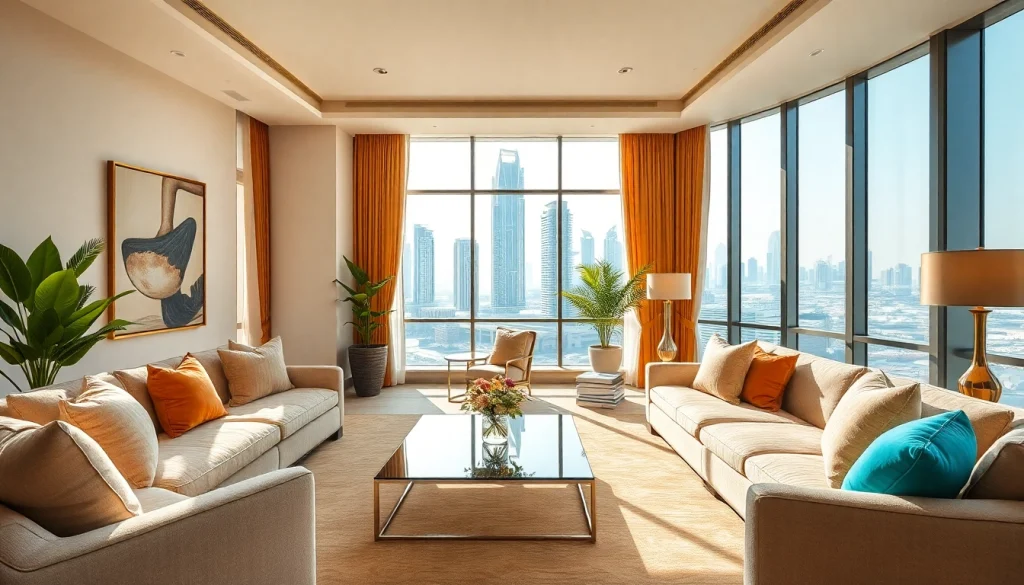 Discover a luxurious living room interior design dubai, featuring elegant furnishings and a stunning city view.