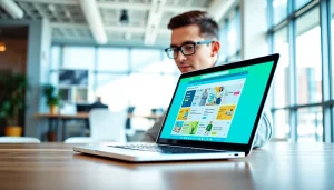 Engaging Job Search scene with a professional job seeker using a laptop to find new opportunities.