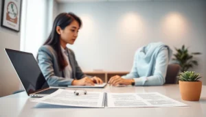 Traducteur assermenté chinois travaillant sur une traduction dans un bureau moderne avec des documents.