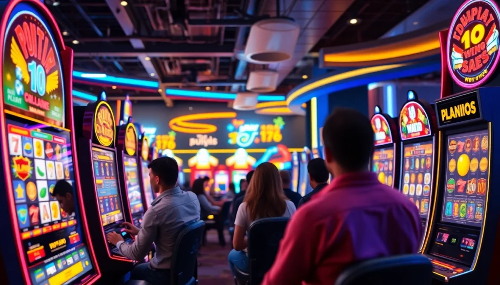 Permainan slot walettoto yang menarik dengan pemain bersemangat dan mesin slot berwarna-warni.