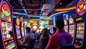 Permainan slot walettoto yang menarik dengan pemain bersemangat dan mesin slot berwarna-warni.