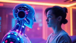 AI sex innovations depicted in a futuristic intimate setting with a humanoid hologram and user interaction.