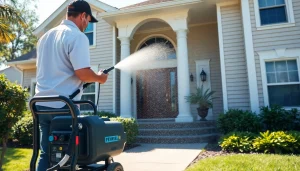 Soft wash cleaning technician revitalizing a home's exterior in Kissimmee, FL, showcasing professional pressure washing.