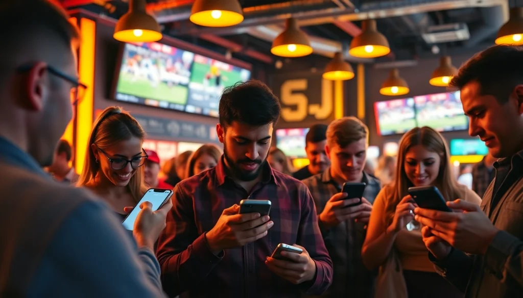 Engaged users exploring sports betting apps California in a vibrant sports bar atmosphere.