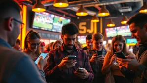 Engaged users exploring sports betting apps California in a vibrant sports bar atmosphere.
