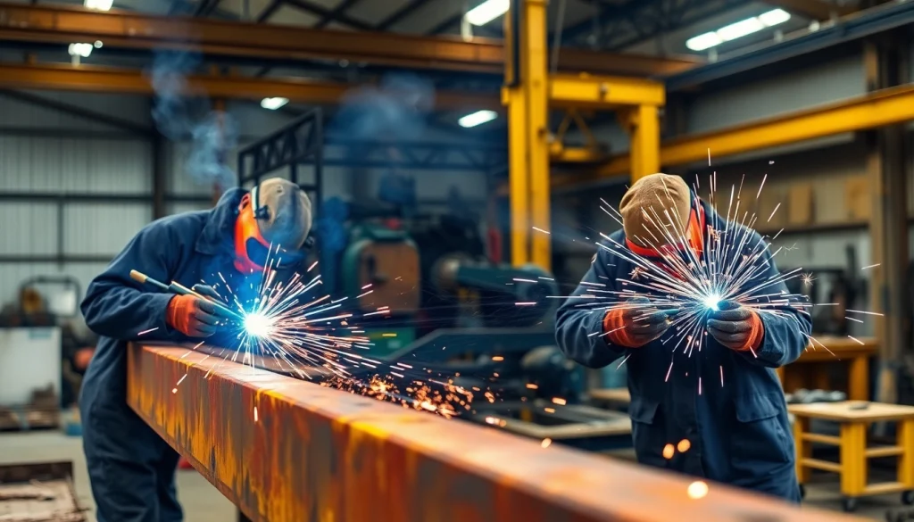 Welders performing structural steel welding with dynamic arcs and glowing sparks.