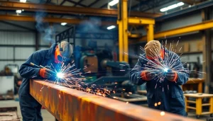 Welders performing structural steel welding with dynamic arcs and glowing sparks.