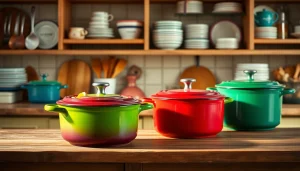 Cookware displayed beautifully, featuring Le Creuset NZ products in a warm kitchen setting.