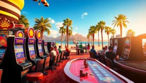 Engaging players in online casinos for California amidst vibrant gaming tables and iconic scenery.