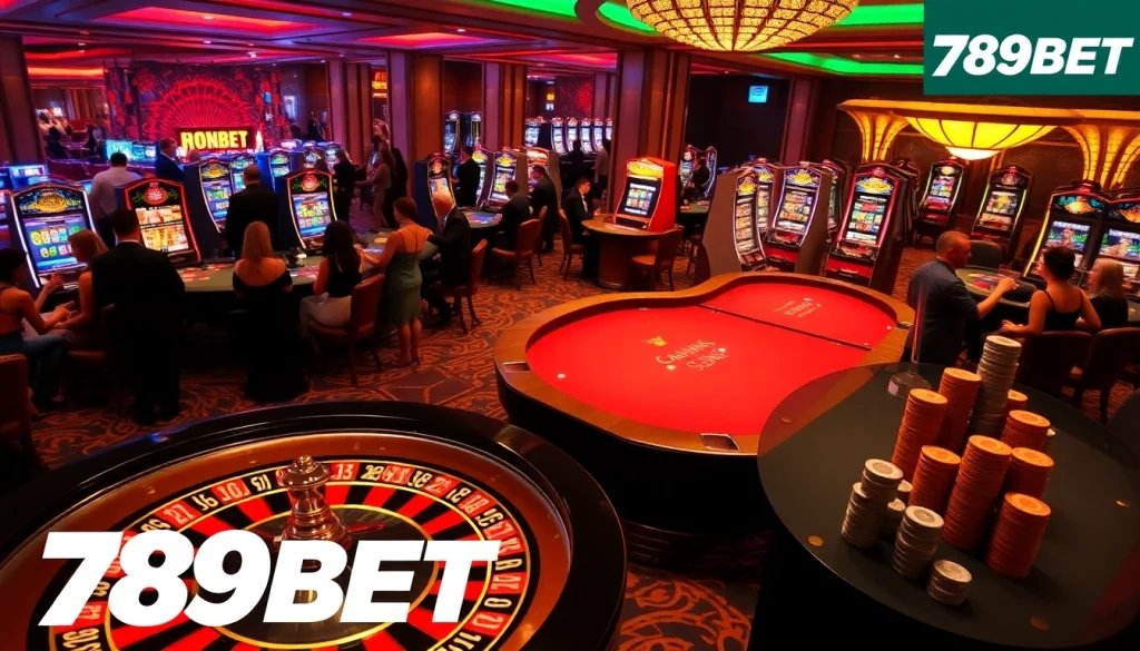 Experience the excitement of 789BET in a luxurious casino setting filled with vibrant gaming and high-stakes action.
